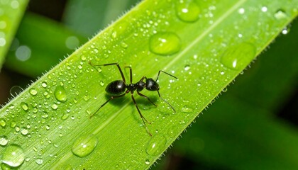 A close-up shot features a tiny black insect crawling on a vibrant green leaf covered in glistening water droplets