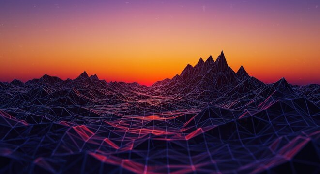 Abstract landscape with geometric wireframe mountains and sunset sky