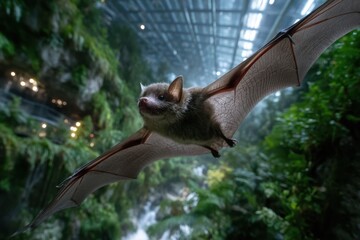 Fototapeta premium Bat soaring through lush greenery in a vibrant indoor rainforest setting