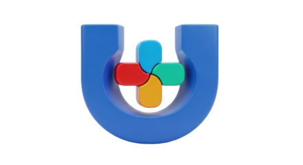 Isolated vibrant puzzle pieces within a smooth blue curved shape forming an abstract object