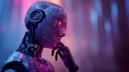 Naklejka premium 3D humanoid AI robot with glowing circuits in neon blue and purple cyberpunk style. Concept: AI, robotics, cyberpunk, futuristic tech, innovation, digital future, machine intelligence, sci-fi design