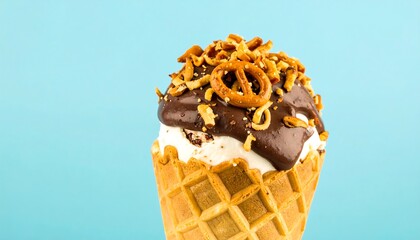 A close-up shot features a waffle cone brimming with vanilla ice cream, drizzled with chocolate and topped with pretzels. The blue background contrasts the colors