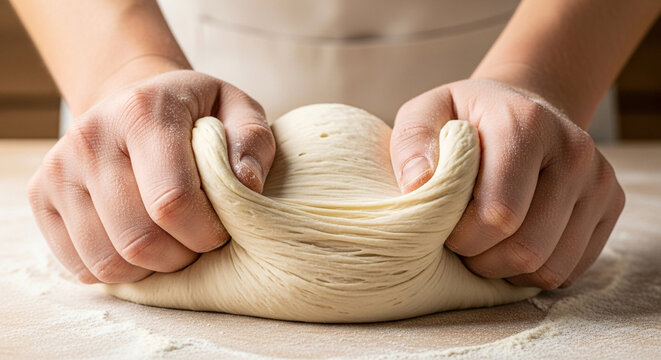 Closeup of hands kneading dough, stretching and shaping it with expertise, creating a foundation for delicious homemade bread - Powered by Adobe