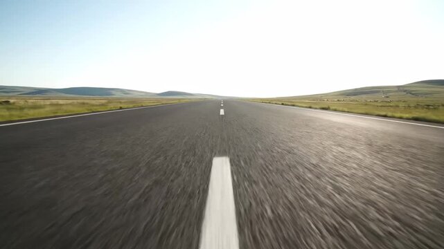 Open Road Journey - This eye-level shot captures a seemingly endless stretch of asphalt highway vanishing into the horizon.