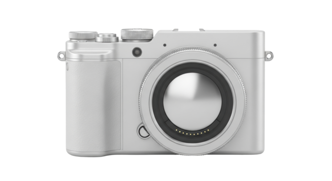Isolated silver camera with interchangeable lens system for hobbyist professional photography - Powered by Adobe