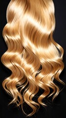 A close-up shot features flowing, wavy, golden-blonde hair, against a stark, black background, emphasizing texture and sheen
