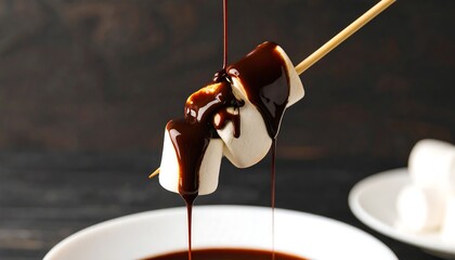 A close-up shot features fluffy, white marshmallows skewered and drenched in rich, glossy, dark chocolate