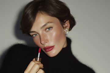 Young woman with short haircut in studio advertising a red lip gloss. Clean beauty portrait with bold makeup and modern cosmetic product promotion.