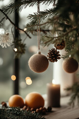 Close-up of handmade Christmas tree branches decorated with ornaments and pine cones by a window. Cozy festive DIY holiday decoration with natural elements.