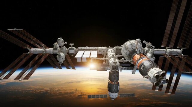 vast orbital outpost with numerous modules and expansive solar arrays orbits above Earths glowing sunrise A spacecraft is docked while stars twinkle in the dark vacuum