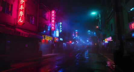 Rainy night in a vibrant, neon-lit city alleyway with glowing signs and reflections