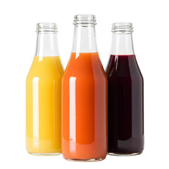 Three Glass Juice Bottles Displaying Vibrant Orange Yellow and Purple Juices