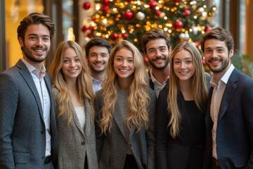 Obraz premium Group of people standing in front of a Christmas tree.