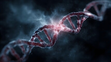 Abstract 3D rendering of a glowing double helix DNA structure against a dark smoky background