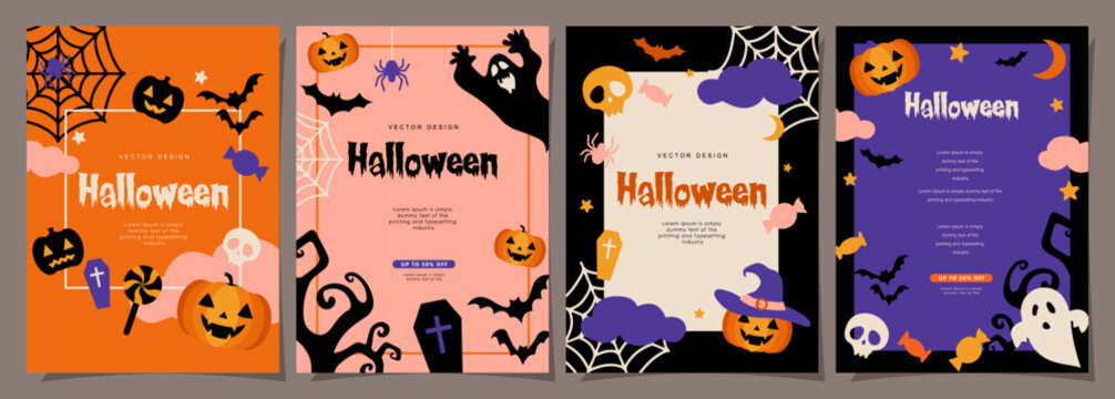 Halloween banners set, party invitation background with clouds, bats and pumpkins in flat design for sale banner, cover, poster, printing and social media post. Vector illustration.