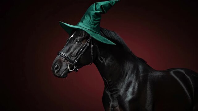 Halloween Horse Portrait - A striking studio portrait features a sleek, black horse wearing a green witch's hat and riding tack.