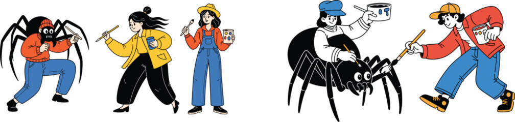 Cartoon People Painting Giant Spiders Illustration in Studio: Comical Artists with Brushes Decorating a Large Arachnid, Creating Whimsical Art, Halloween Themes, Colorful Fashion, Graphic Novel Style,