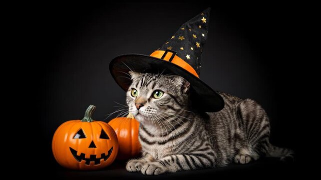 Halloween Cat with Pumpkins - A cute tabby cat lies next to Halloween pumpkins while wearing a witch hat on a black background. The cat is looking up to the right of the frame with bright green eyes.