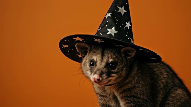 Halloween Quoll Portrait - A cute quoll wears a black witch hat adorned with silver stars and dots against a solid orange background. The animal is looking off to the side with a curious expression.