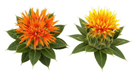 Isolated Two Safflower Plants- Orange and Yellow, Flowering, in Full Bloom and Ready to Pick