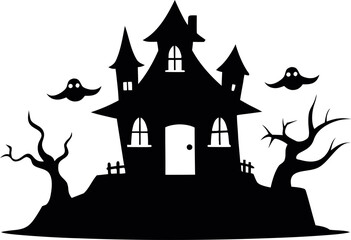 Haunted House with Crooked Roof and Floating Ghosts Halloween Vector Art