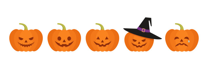 Halloween pumpkin face icon. Jack - o' – lantern set. Halloween scary pumkins with smile, happy and sad faces. Spooky autumn symbols. Orange gourd on white background. Vector illustration. Flat design