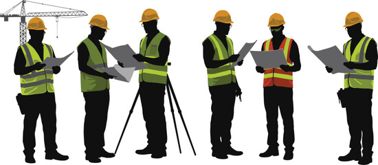 Construction workers silhouettes with safety gear, teamwork planning at building site, crane background, engineering collaboration, architecture project management, Christmas zombie illustration