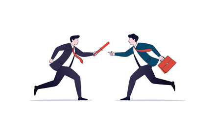 Two businessmen running and passing a baton.

