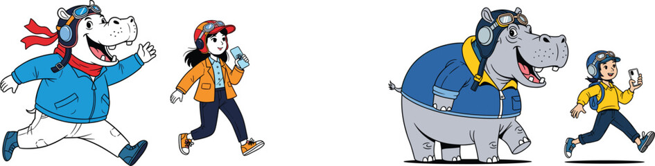 Obraz premium Animated Aviator Friends Running Adventures: Hippo and Girl Characters in Action, A Colorful Cartoon Exploration, Teamwork Adventure, Happy Journey, Cheerful Friends, Kids Digital Presentation, Modern