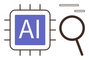 Microchip labeled AI paired with magnifying glass highlighting technology, innovation, digital research, artificial intelligence, data analysis, machine learning, automation. Ideal for tech concepts