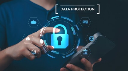 Digital Security at Hand: An individual interacts with a digital data protection interface, symbolizing secure access, safeguarding private data, and emphasizing the importance of digital privacy.