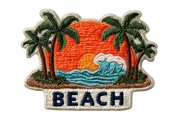 High quality photo of a colorful beach scene with palm trees and ocean waves isolated on transparent background