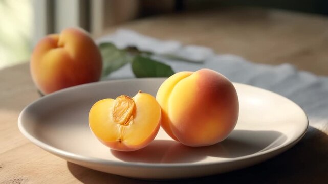 Delicious bright apricot lies on beautiful colorful plate on background