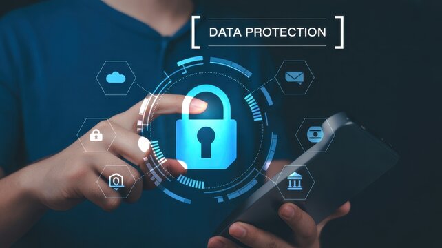 Digital Security at Hand: An individual interacts with a digital data protection interface, symbolizing secure access, safeguarding private data, and emphasizing the importance of digital privacy.