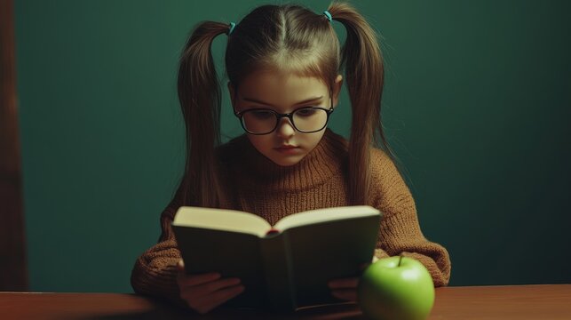 Cute schoolgirl with pigtails and eyeglasses sitting at a desk, reading a book and focusing on studies in a classroom with a green chalkboard and a nearby apple