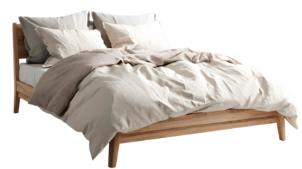 Wooden bed frame with neutral bedding and pillows isolated on transparent background