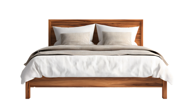 Wooden bed frame with neutral bedding and pillows isolated on transparent background