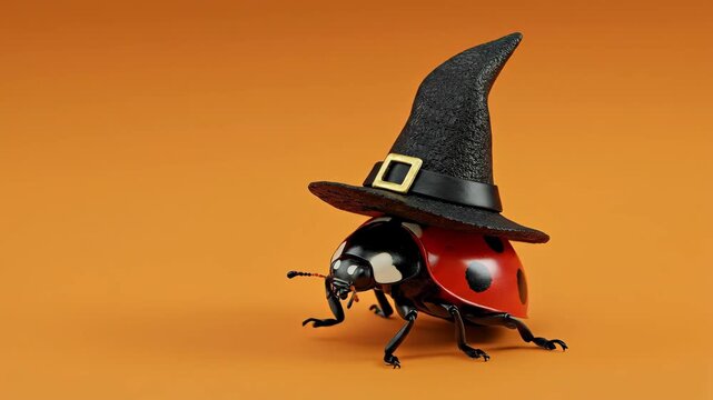 Halloween Ladybug - A cute ladybug is dressed up for Halloween, wearing a witch's hat with a gold buckle. The ladybug is set against an orange background.