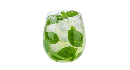 Isolated basil drink with ice cubes in a glass, refreshing summer beverage, cocktail