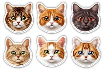 Six realistic cat face stickers on a white background