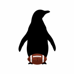 Cute black penguin character standing on american football vector illustration