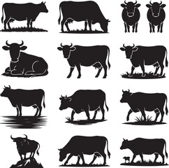 Black and White Silhouette Collection of Cows in Various Poses for Farm and Agriculture Concepts