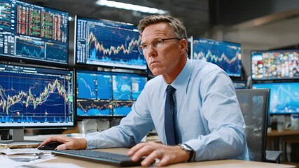 Market Navigator: A focused analyst diligently monitors complex financial data streams on multiple screens. His intense concentration reveals the pressure of navigating the financial world. - Powered by Adobe