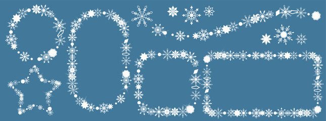Set of decorative frames made of snowflakes. Winter and Christmas border collection for greeting cards, posters, and holiday designs. Vector illustration.