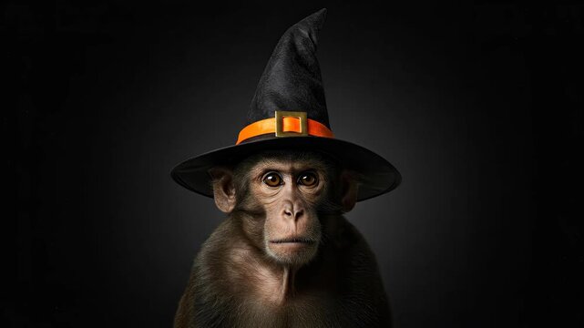 Monkey Wearing Witch Hat - This video shows a monkey wearing a black witch's hat with an orange band, set against a dark background.