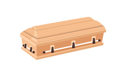 Coffin, wooden casket with handles. Ritual mourning box, funeral burial case for memorial ceremony, Christian religious death. Flat vector illustration isolated on white background.