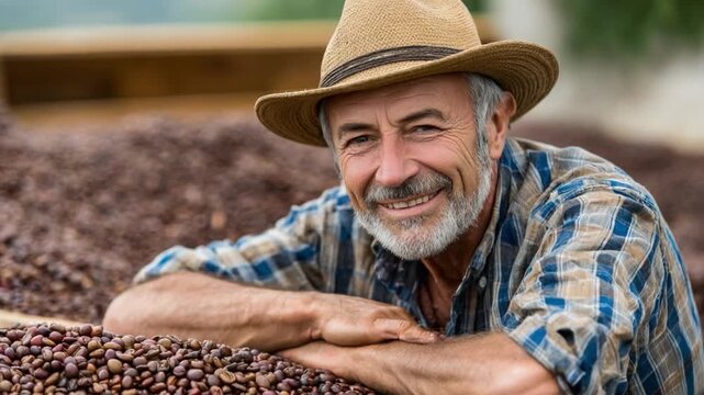 Smiling Coffee Farmer: A contented and experienced farmer leans on a bed of freshly harvested coffee beans, his weathered face reflecting pride in his labor.