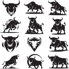 Collection of Aggressive Bull Silhouettes in Various Poses Symbolizing Strength and Determination Vector Illustrations