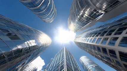 Skyward Ascent: A mesmerizing view of towering skyscrapers reaching toward a brilliant blue sky and the radiant sun, representing urban ambition and modern design.