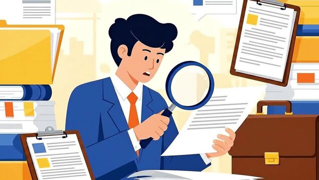 Businessman auditing a document with a magnifying glass and 2d a animation for business and finance concepts